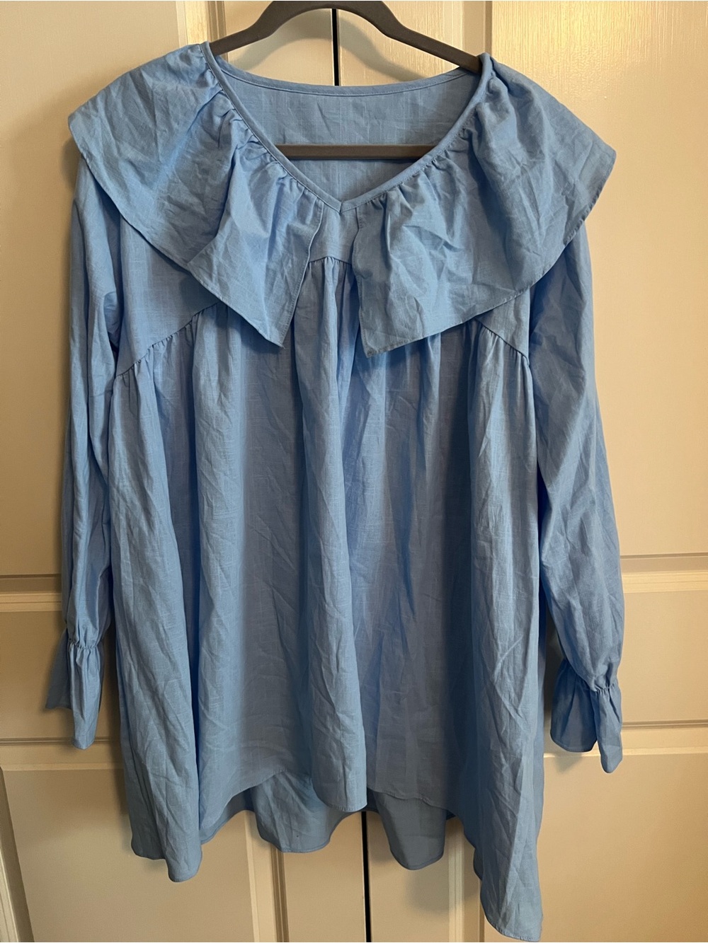 Light Blue Ruffle Collar Tunic Dress - Women's